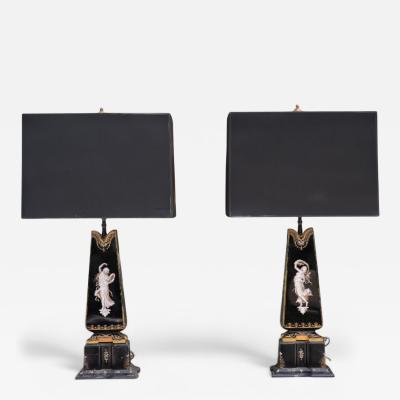 Hollywood Regency Opaline Bronze Painted Table Lamps France 1920s