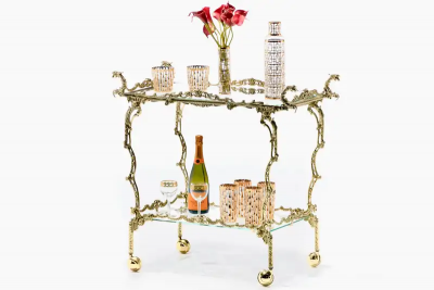 Hollywood Regency Ornate Chinoiserie Polished Brass Bar Cart c 1955
