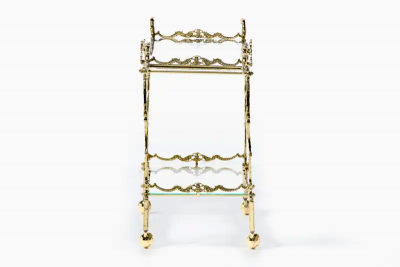 Hollywood Regency Ornate Chinoiserie Polished Brass Bar Cart c 1955