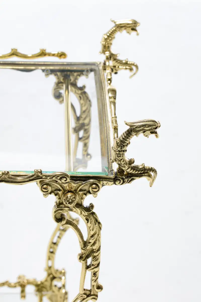 Hollywood Regency Ornate Chinoiserie Polished Brass Bar Cart c 1955