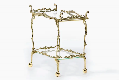 Hollywood Regency Ornate Chinoiserie Polished Brass Bar Cart c 1955