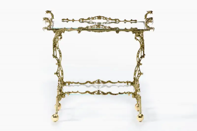 Hollywood Regency Ornate Chinoiserie Polished Brass Bar Cart c 1955