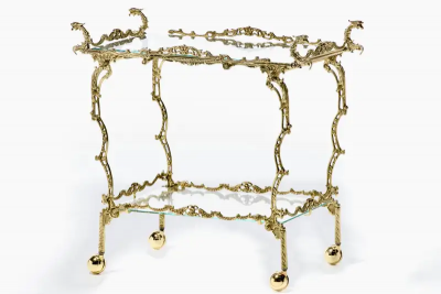 Hollywood Regency Ornate Chinoiserie Polished Brass Bar Cart c 1955
