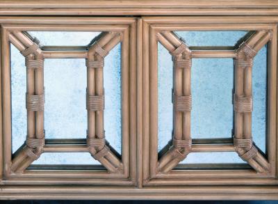 Hollywood Regency Painted Faux Bamboo and Mirrored 2 door Cabinets