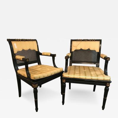 Hollywood Regency Pair of Ebony and Gilt Gold Armchairs Attributed Maison Jansen