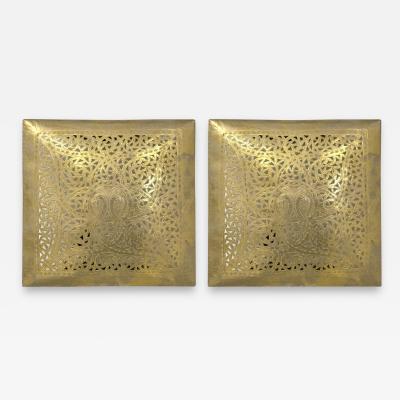 Hollywood Regency Style Brass Square Filigree Design Wall Sconce a Pair