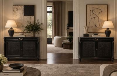 Hollywood Regency Style Buffets Black Painted Wood Marble France 1940s