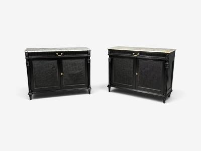 Hollywood Regency Style Buffets Black Painted Wood Marble France 1940s