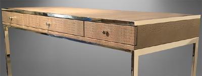 Hollywood Regency Style Desk with Embossed Stitched Leather on a Chrome Frame