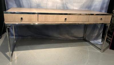Hollywood Regency Style Desk with Embossed Stitched Leather on a Chrome Frame