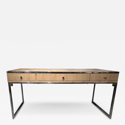 Hollywood Regency Style Desk with Embossed Stitched Leather on a Chrome Frame