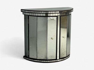 Hollywood Regency Style Distressed Glass Mirrored Demilune Cabinet