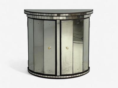 Hollywood Regency Style Distressed Glass Mirrored Demilune Cabinet