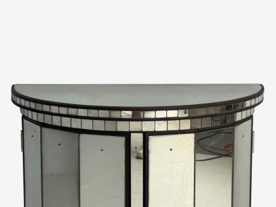 Hollywood Regency Style Distressed Glass Mirrored Demilune Cabinet