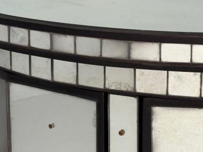 Hollywood Regency Style Distressed Glass Mirrored Demilune Cabinet