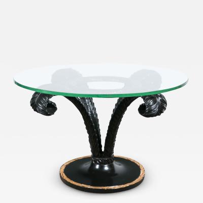 Hollywood Regency Style Ebonized Glass Top Palm Leaf Coffee Table Gilt Border