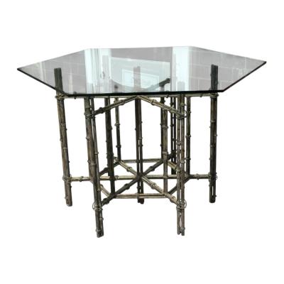 Hollywood Regency Style Faux Bamboo Metal Glass Dining or Center Table