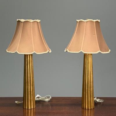 Hollywood Regency Style Fluted Table Lamps Gilt Metal Silk USA 21st C 