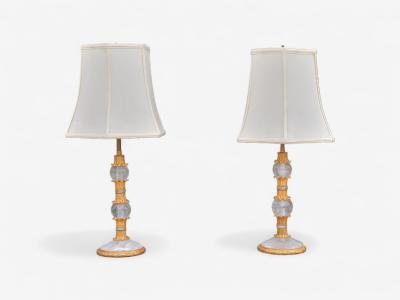 Hollywood Regency Style Gilt Metal Rock Crystal Table Lamps France 1940s