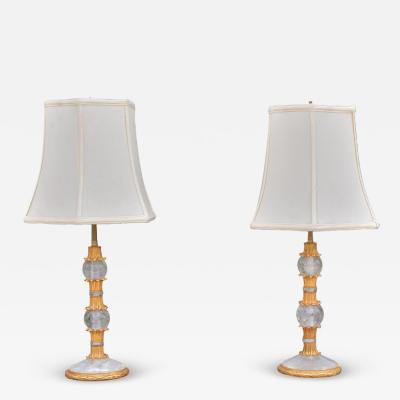 Hollywood Regency Style Gilt Metal Rock Crystal Table Lamps France 1940s