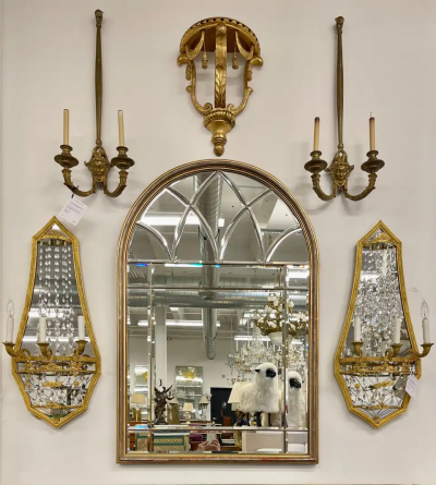 Hollywood Regency Style Gilt Wood Console Pier Mirror by Le Barge Dome Top