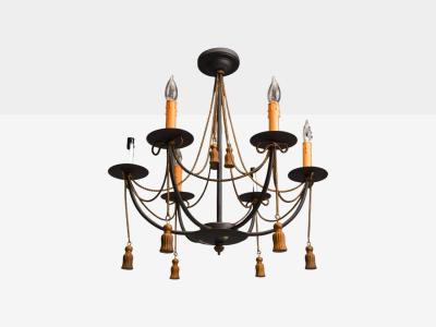 Hollywood Regency Style Metal Brass Tassel Motif Chandelier USA 1960s