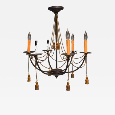 Hollywood Regency Style Metal Brass Tassel Motif Chandelier USA 1960s