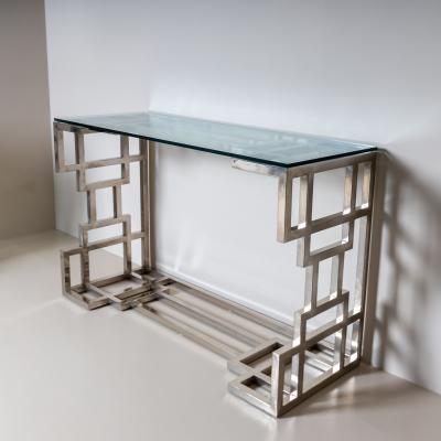 Hollywood Regency Style Metal and Glass Consoles Probably Italy 1980s