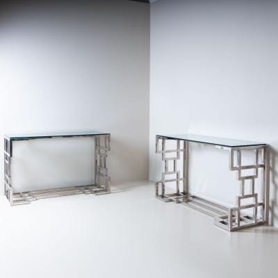 Hollywood Regency Style Metal and Glass Consoles Probably Italy 1980s