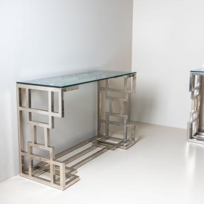 Hollywood Regency Style Metal and Glass Consoles Probably Italy 1980s