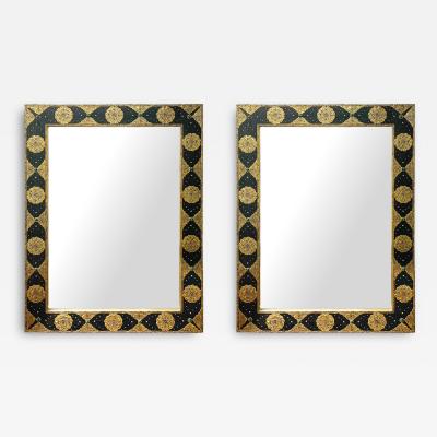 Hollywood Regency Style Mirror with Filigree Brass Inlay on Ebony a Pair