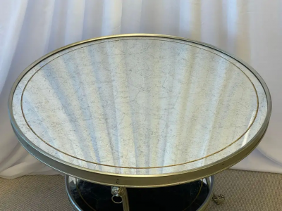 Hollywood Regency Style Mirrored Gueridon Center Table Silver Gilt Lion Heads