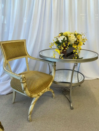 Hollywood Regency Style Mirrored Gueridon Center Table Silver Gilt Lion Heads