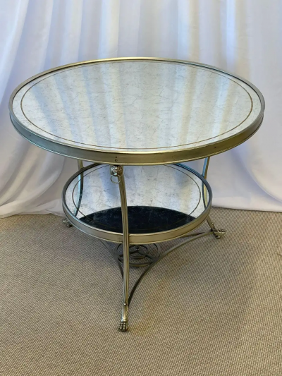Hollywood Regency Style Mirrored Gueridon Center Table Silver Gilt Lion Heads