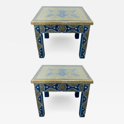 Hollywood Regency Style Moroccan Brass Blue Rectangular Side or End Table Pair