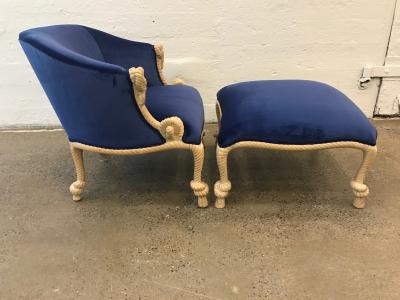 Hollywood Regency Style Rope Tassel Chair with Matching Ottoman in Blue Velvet