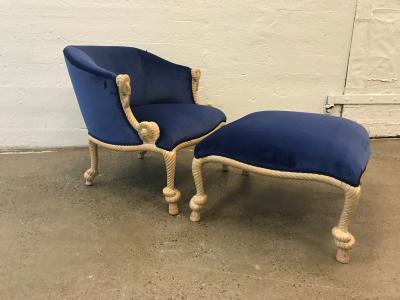 Hollywood Regency Style Rope Tassel Chair with Matching Ottoman in Blue Velvet