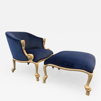 Hollywood Regency Style Rope Tassel Chair with Matching Ottoman in Blue Velvet