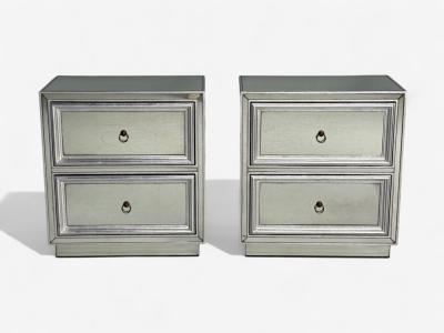 Hollywood Regency Style Silver Leaf Distressed Glass Mirrored Nightstands