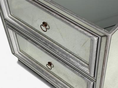Hollywood Regency Style Silver Leaf Distressed Glass Mirrored Nightstands