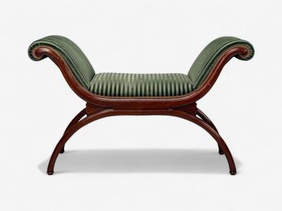 Hollywood Regency Style Stained Wood Green Fabric Benches USA 1980s