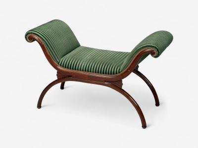 Hollywood Regency Style Stained Wood Green Fabric Benches USA 1980s