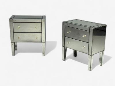 Hollywood Regency Style Wood Antique Beveled Glass Mirrored Nightstands