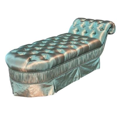 Hollywood Regency Turquoise Satin Tufted Chaise Lounge Joanne Carson Estate