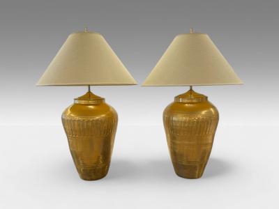Hollywood Regency Water Gilt Fabric Monumental Table Lamps USA 1970s