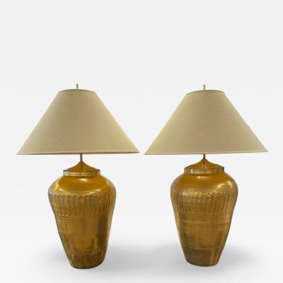 Hollywood Regency Water Gilt Fabric Monumental Table Lamps USA 1970s