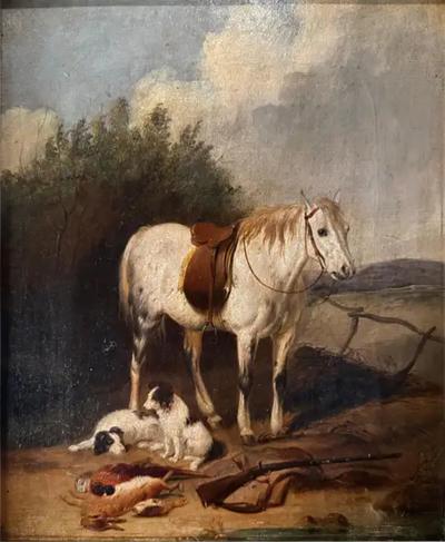 Horse Dogs 19th Century Painting oil on canvas 