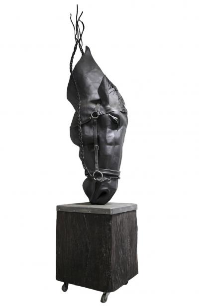 Horse Head Metal Sculpture by G F ssl Handforged On Charred Oak Base AT 2017