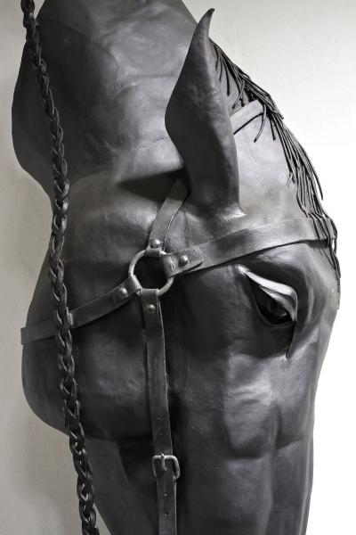 Horse Head Metal Sculpture by G F ssl Handforged On Charred Oak Base AT 2017