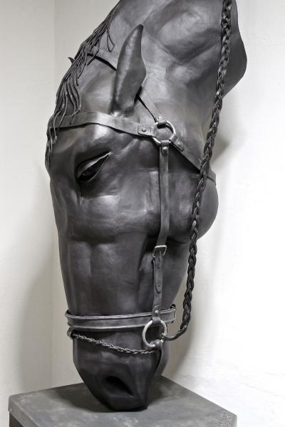 Horse Head Metal Sculpture by G F ssl Handforged On Charred Oak Base AT 2017